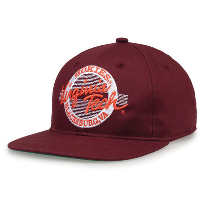 Virginia Tech Retro Circle snapback hat in maroon, angled view