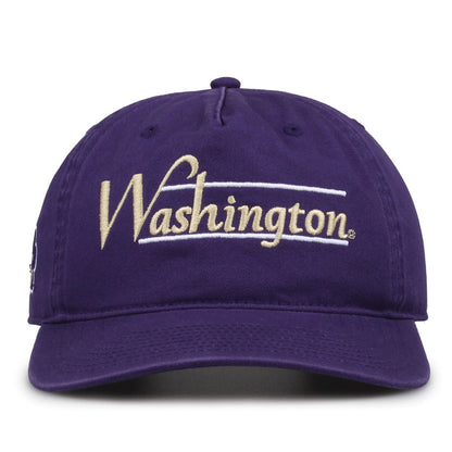 Washington Huskies Original Heritage Bar Snapback in purple, front view of embroidered school script and bar design