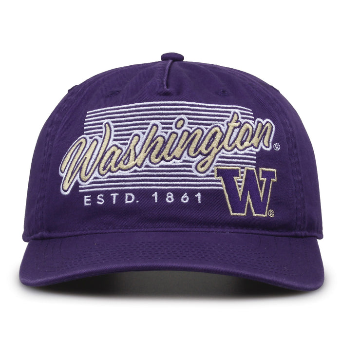 Washington Huskies Original Heritage Script Snapback in purple, front view showing embroidered school script