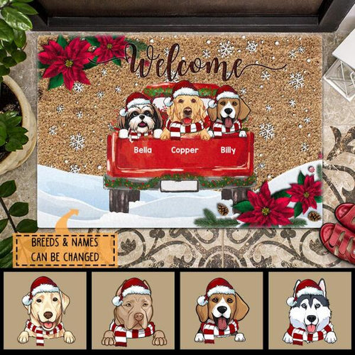 Welcome - Red Truck - Red Poinsettia - Personalized Dog Christmas Doormat