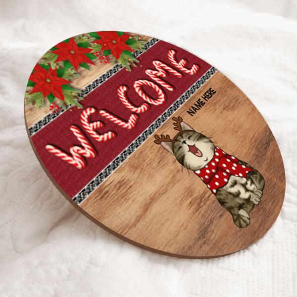 Welcome - Xmas Candy Cane Letters - Personalized Cat Christmas Door Sign