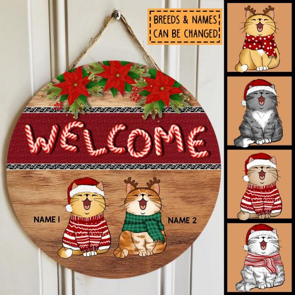 Welcome - Xmas Candy Cane Letters - Personalized Cat Christmas Door Sign