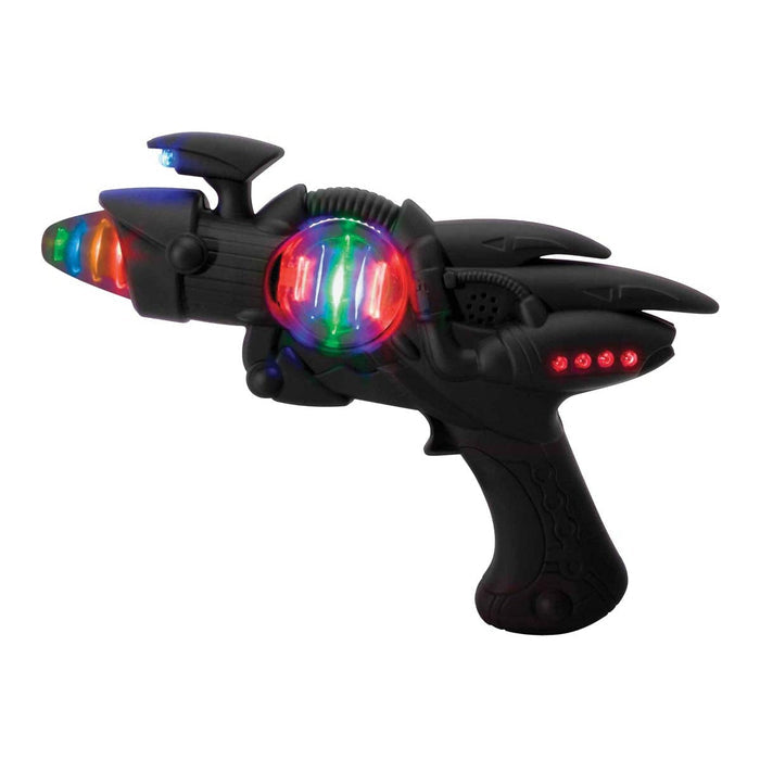 The "We're Always Thinking Special Fx Blaster" by We're Always Thinking is a black toy gun with a futuristic design, curved edges, trigger handle, and colorful LED flashing lights in red, green, and blue on the barrel and side.