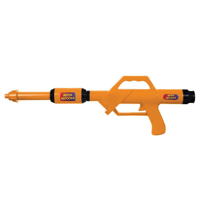 The We're Always Thinking Water Bazooka is an orange plastic pump-action water blaster with a long barrel, trigger, and handle, designed by We're Always Thinking for outdoor play.