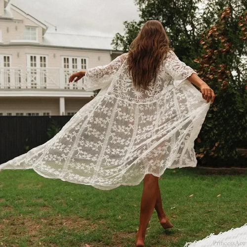 White Lace Cardigan Boho Bikini Cover Up See-through WHITE / One Size bohocoverup-250126