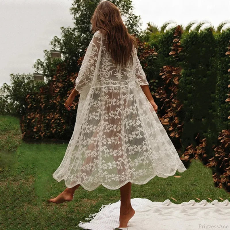 White Lace Cardigan Boho Bikini Cover Up See-through WHITE / One Size bohocoverup-250126