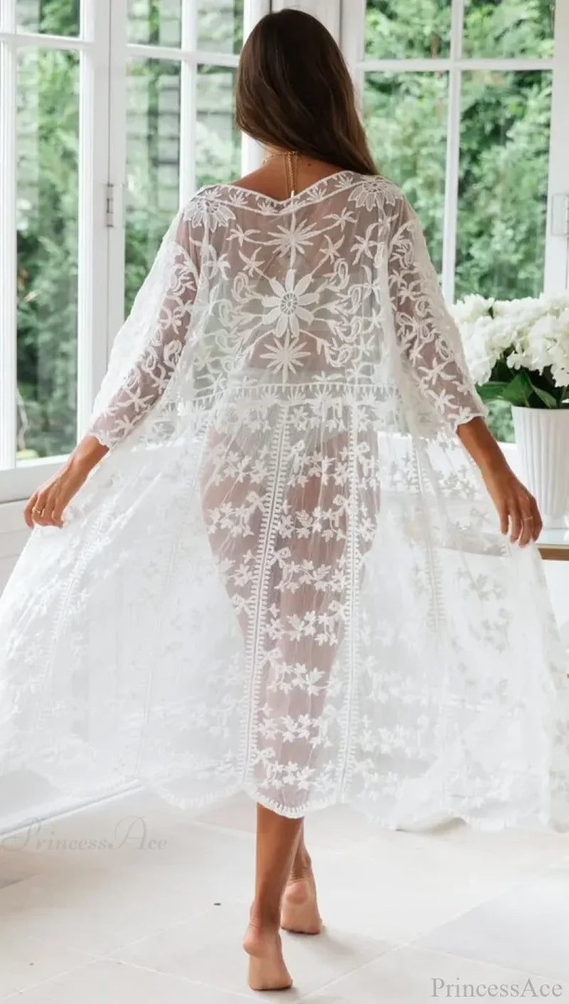 White Lace Cardigan Boho Bikini Cover Up See-through WHITE / One Size bohocoverup-250126