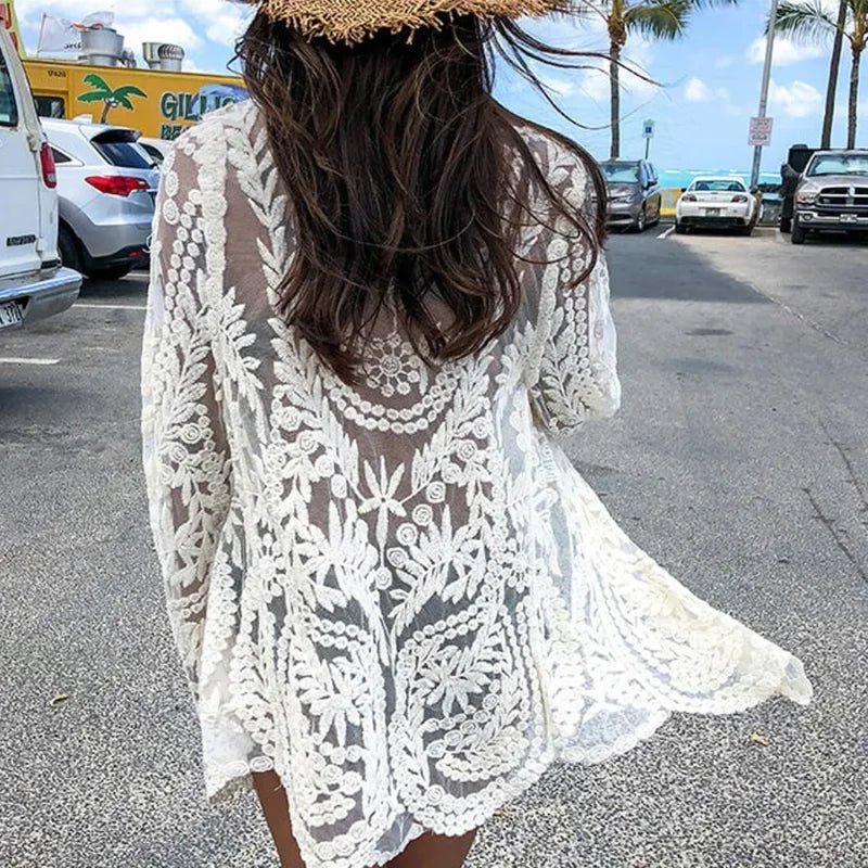 White Lace Kimono Boho Bikini Cover up Short-White / One Size bohocoverup-250126