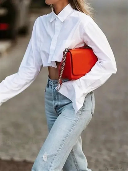White Long Sleeve Turn Down Collar Cropped Blouse blouse-250126