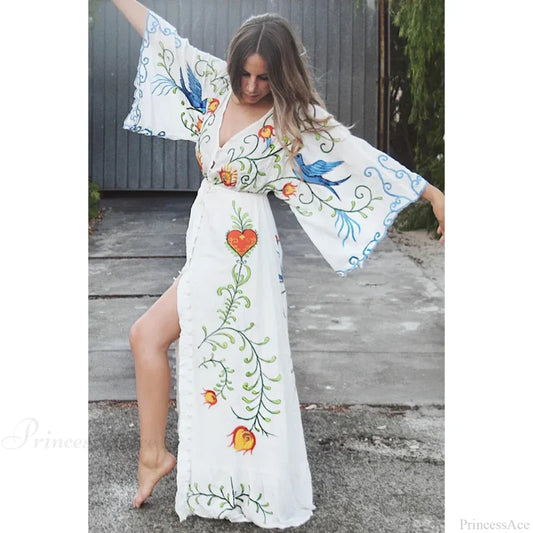 White Maxi Dress Cotton Floral Embroidery Sexy V-neck Beach Dress Beige / S bohodress-250126