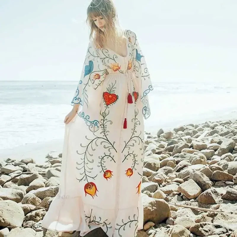 White Maxi Dress Cotton Floral Embroidery Sexy V-neck Beach Dress bohodress-250126