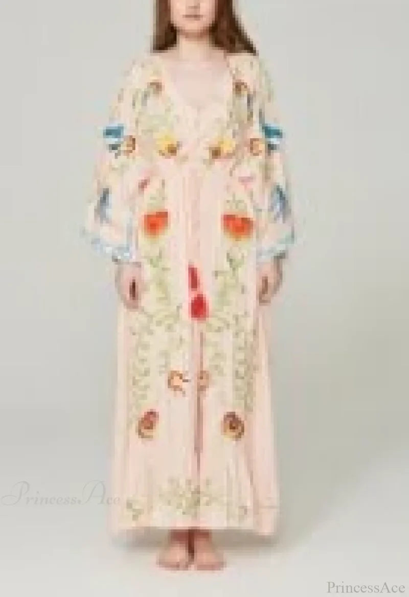 White Maxi Dress Cotton Floral Embroidery Sexy V-neck Beach Dress Pink / S bohodress-250126