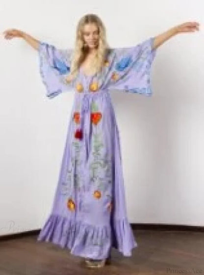 White Maxi Dress Cotton Floral Embroidery Sexy V-neck Beach Dress Lavender / S bohodress-250126
