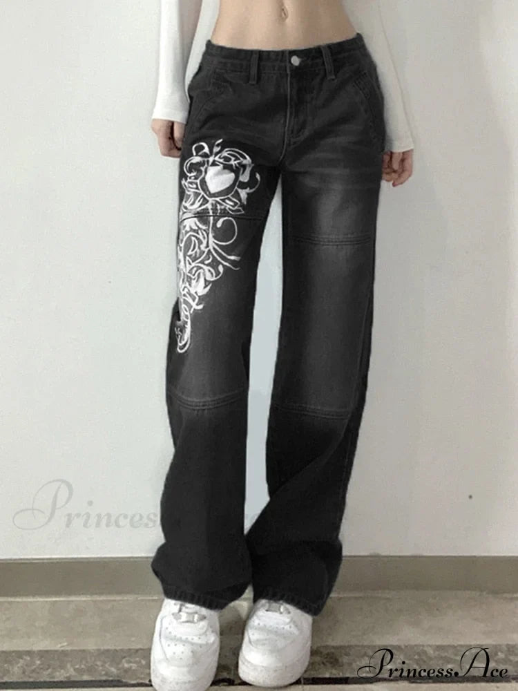 Wide Leg Oversize Y2K Patterned Baggy Winter Cargo Casual Jeans Low Autumn Waist Women’s Trousers