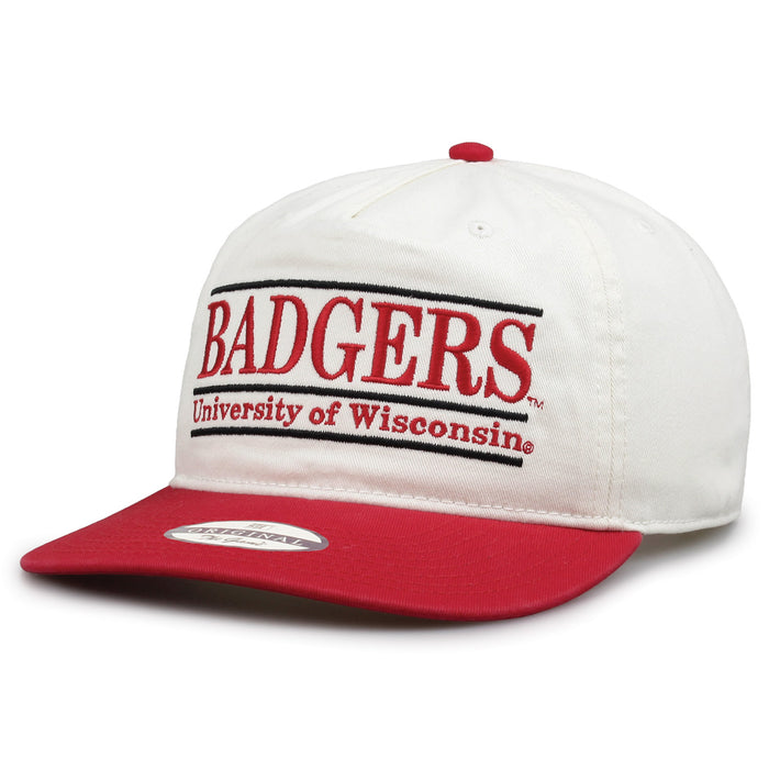 Wisconsin Original Bar snapback hat showing embroidered front design and brim, angled view