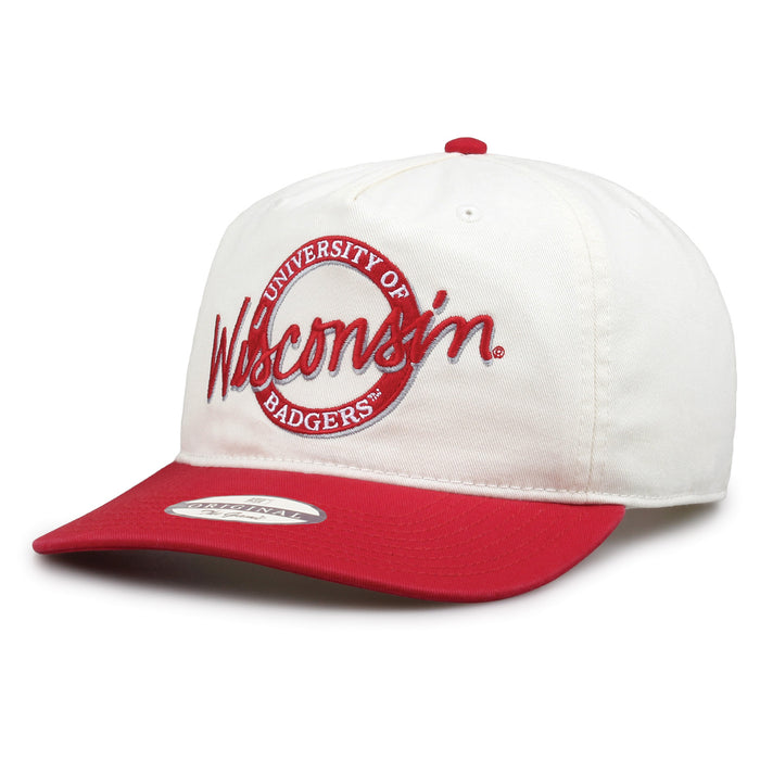 Wisconsin Original Circle snapback hat showing embroidered front design and brim, angled view