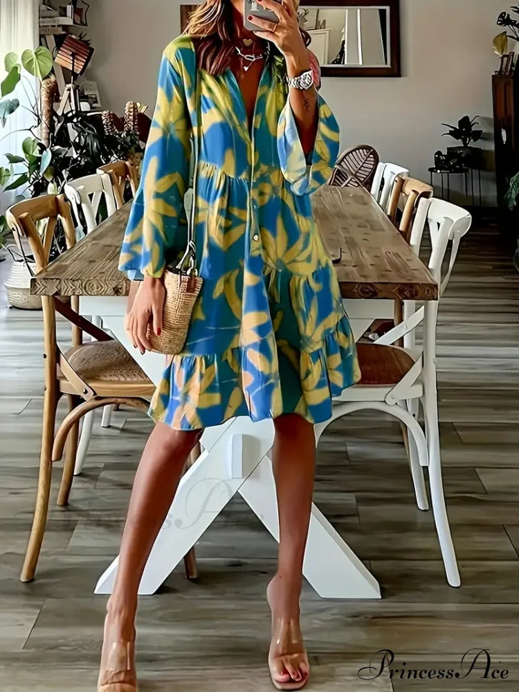 With Arm Long Gown Leaves Full-Length Tiered Print M / Pink Long Sleeve Print Dress