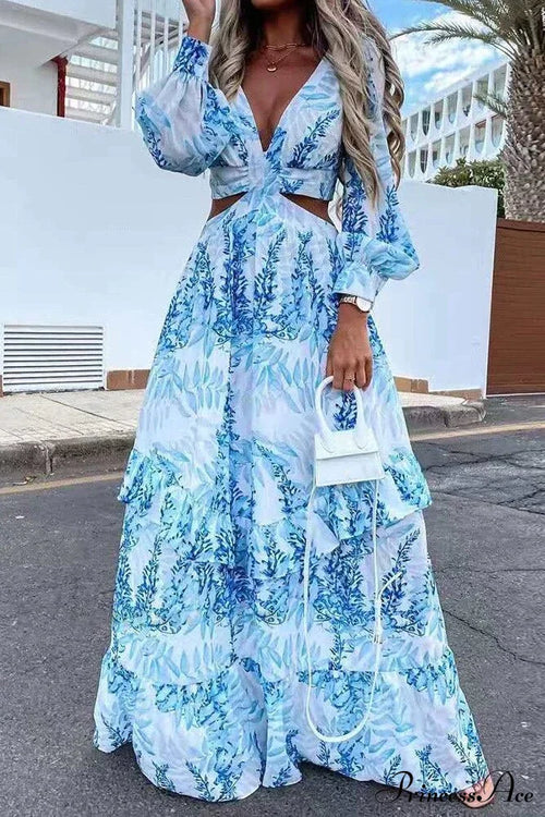 With Long Gown Bachelorette Design V-Neck Flowered Full-Length Sleeves S / Blue Blue Print Maxi