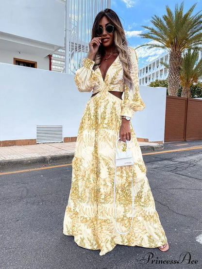 With Long Gown Bachelorette Design V-Neck Flowered Full-Length Sleeves S / Orange Blue Print Maxi