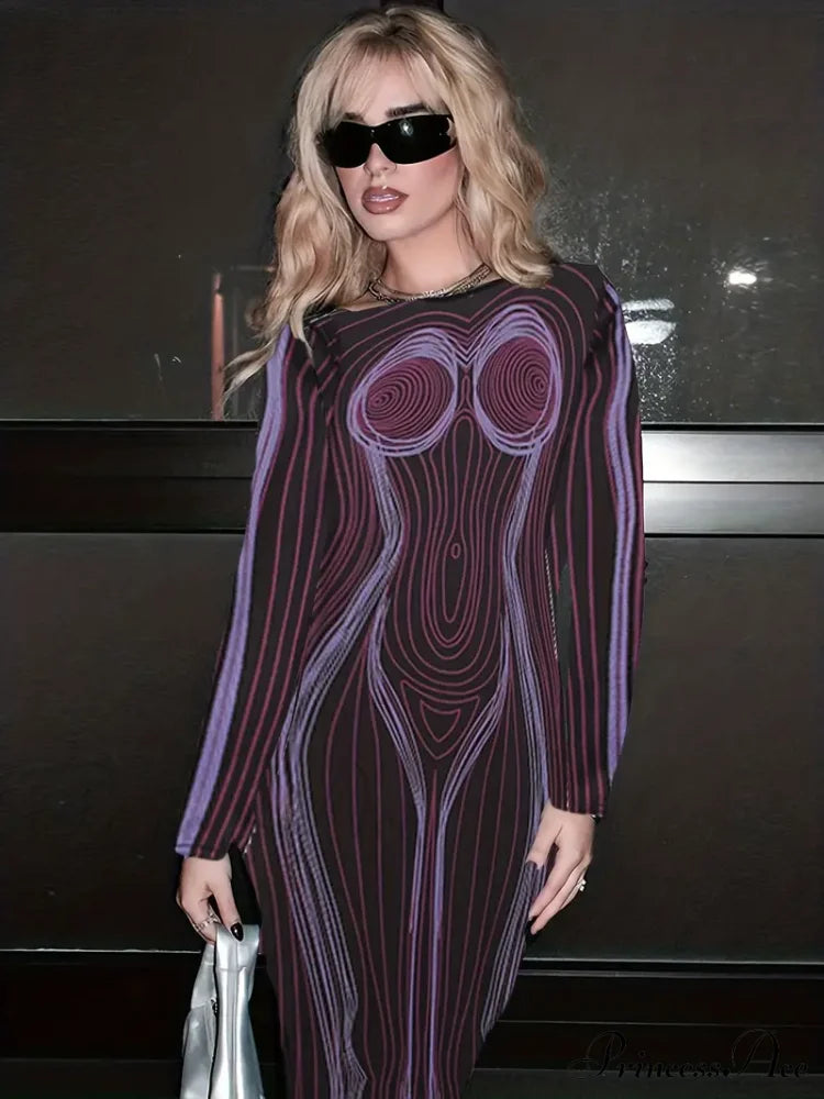 With Striped Long Body Shape Out Design Gown Cut Sleeves S / Purple Green Bodcyon Party Dress