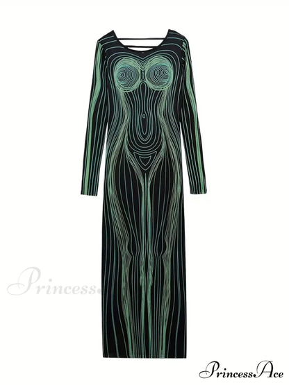With Striped Long Body Shape Out Design Gown Cut Sleeves S / Bright Red Green Bodcyon Party Dress