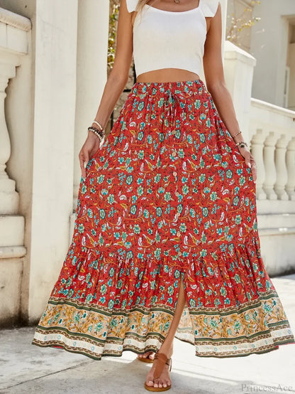 Women Boho Maxi Skirts Button Down Floral A-line Hippie Chic skirt-250126