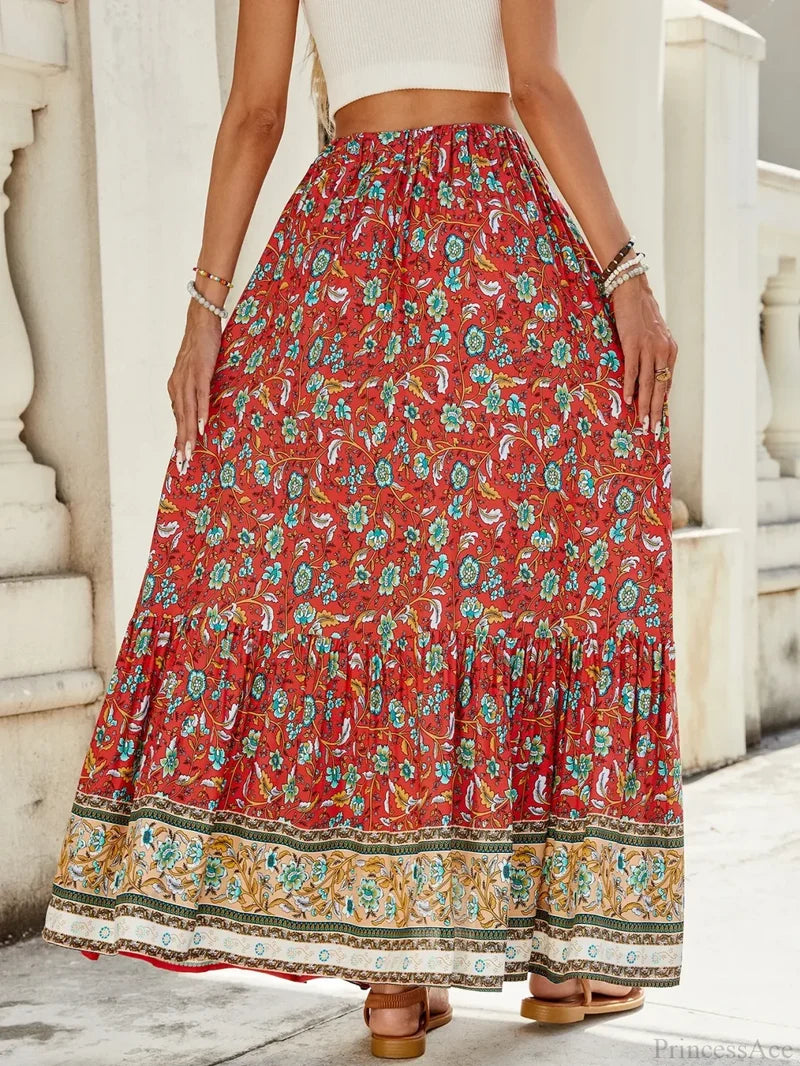 Women Boho Maxi Skirts Button Down Floral A-line Hippie Chic skirt-250126
