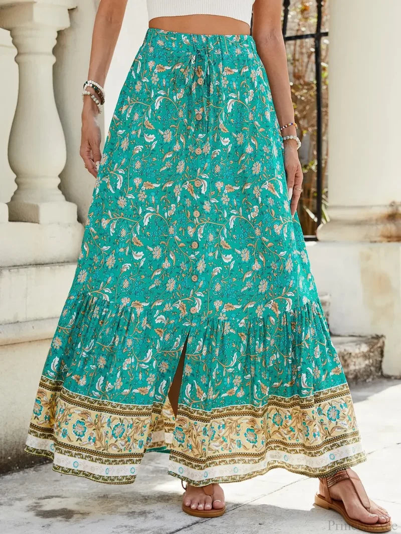 Women Boho Maxi Skirts Button Down Floral A-line Hippie Chic Lake Blue / S skirt-250126