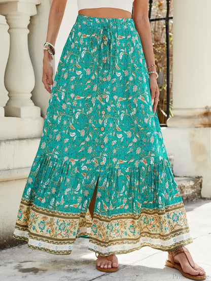 Women Boho Maxi Skirts Button Down Floral A-line Hippie Chic Lake Blue / S skirt-250126