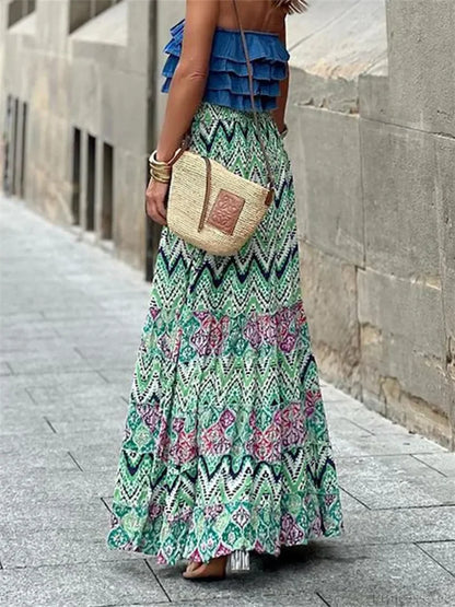 Women Flowy Boho Skirt Printed Ruffled Hem Summer Vacation Club Skirt skirt-250126
