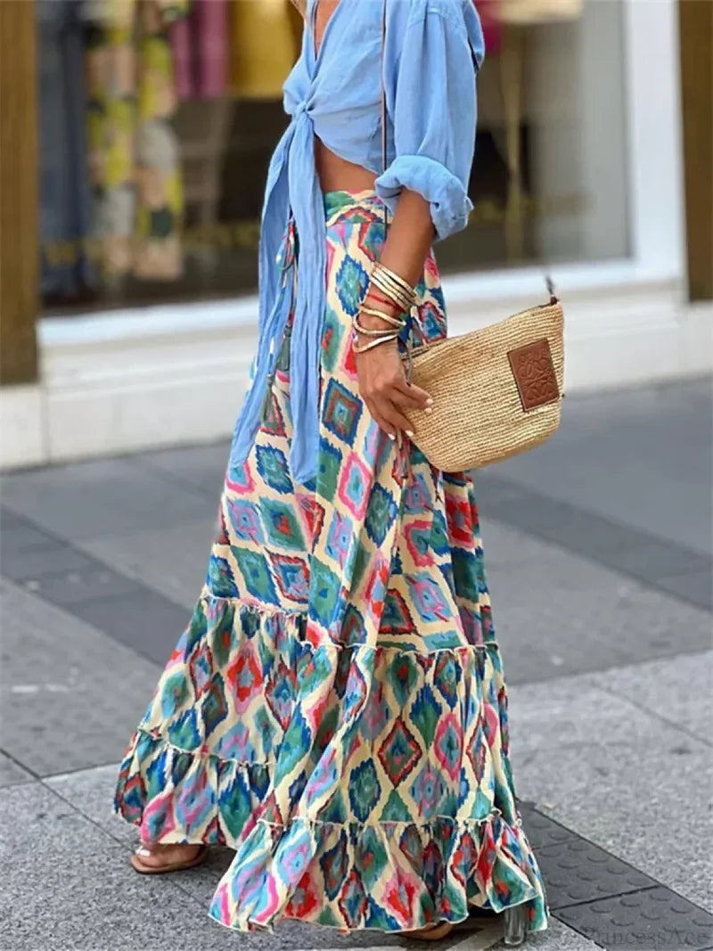 Women Flowy Boho Skirt Printed Ruffled Hem Summer Vacation Club Skirt SKY BLUE2 / S skirt-250126