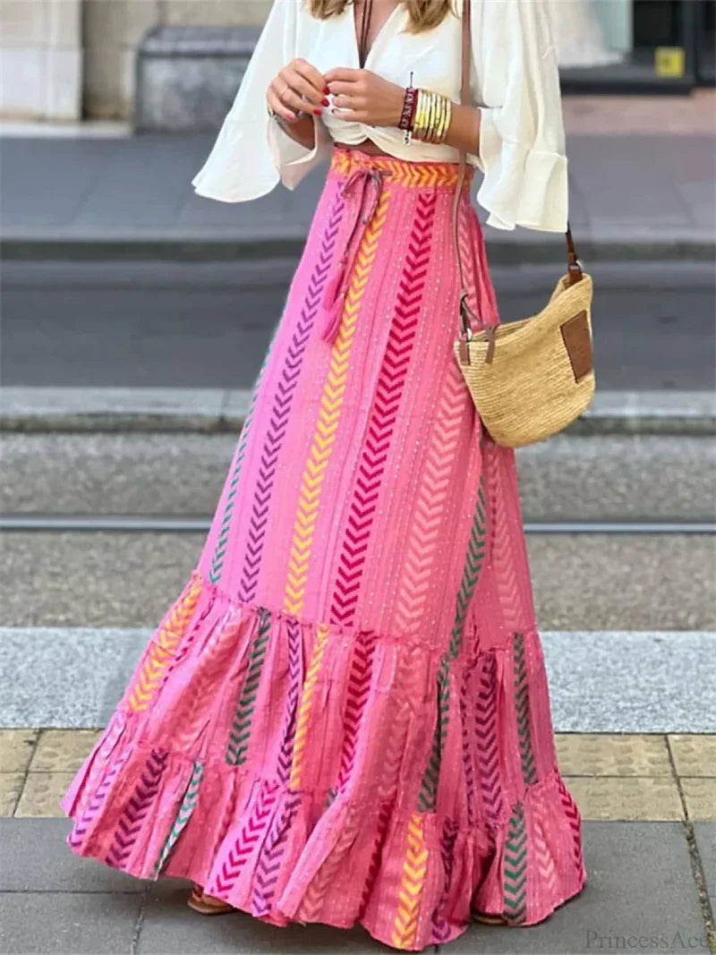 Women Flowy Boho Skirt Printed Ruffled Hem Summer Vacation Club Skirt PINK / S skirt-250126