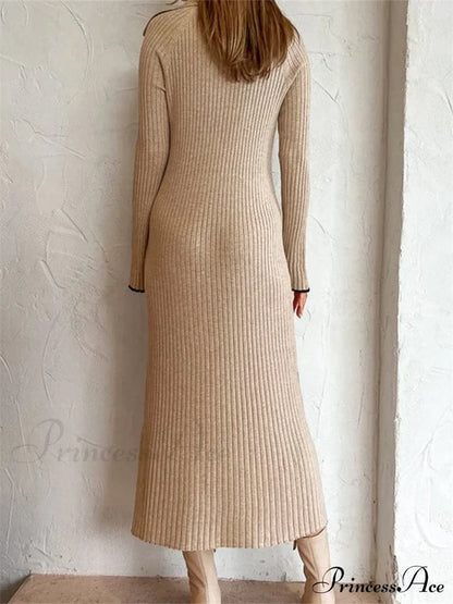 Women Ribbed Knitted Flare Sleeve Lapel Solid Color Party Going Out Female Vestidos Streetwear