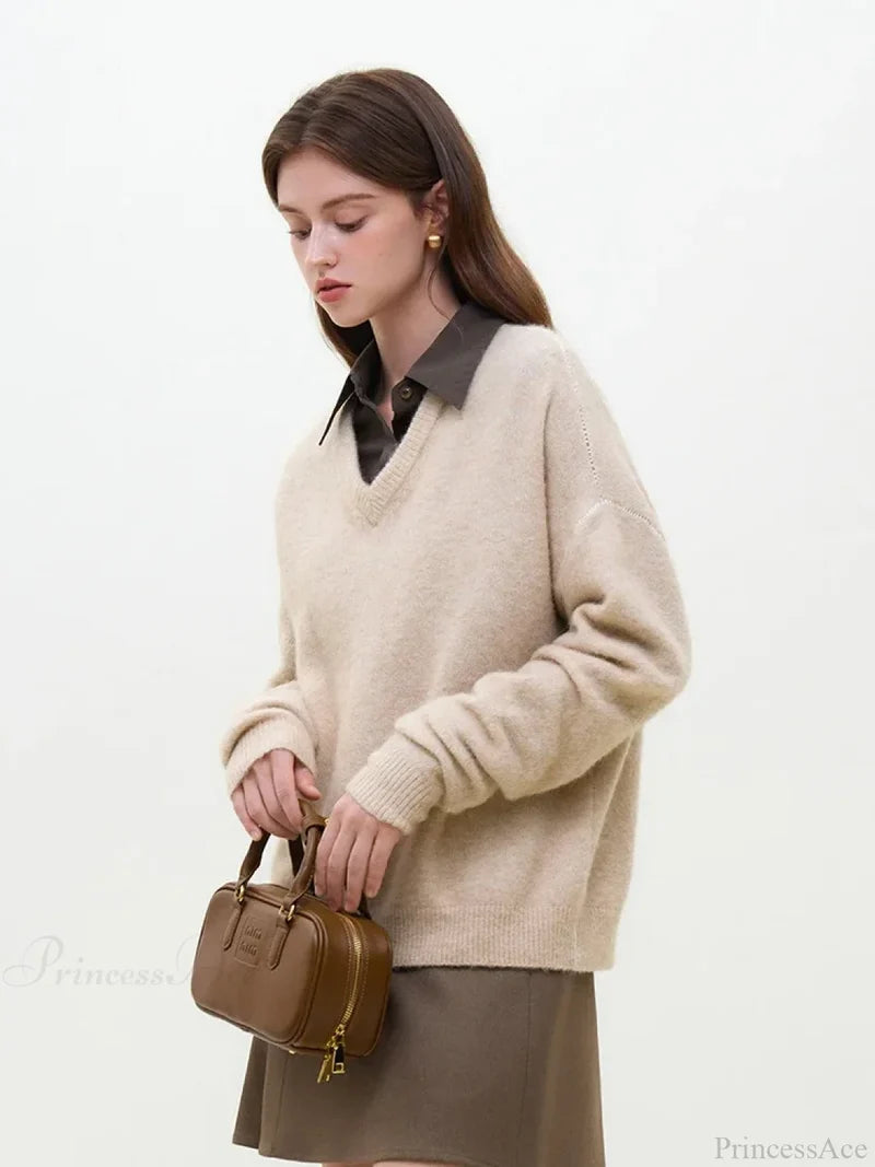 Wool Alpaca V-Neck Drop Sleeve Sweater