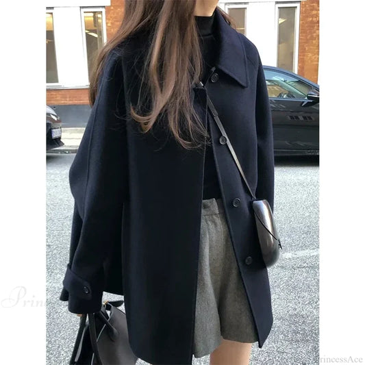 Wool Blends Vintage Korean Streetwear Overcoat Navy Blue / One Size
