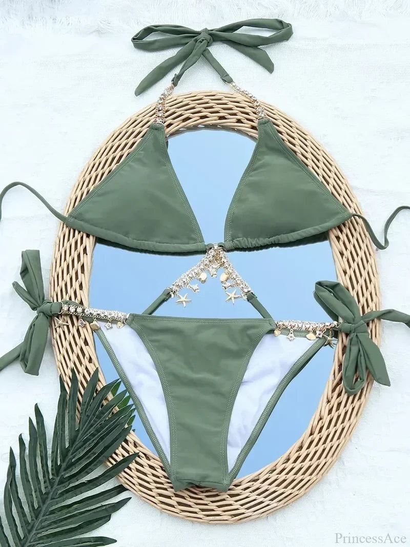 Wrinkled Diamond Metal Chain Bikini Set ArmyGreen / S