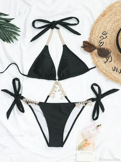 Wrinkled Diamond Metal Chain Bikini Set Black / S