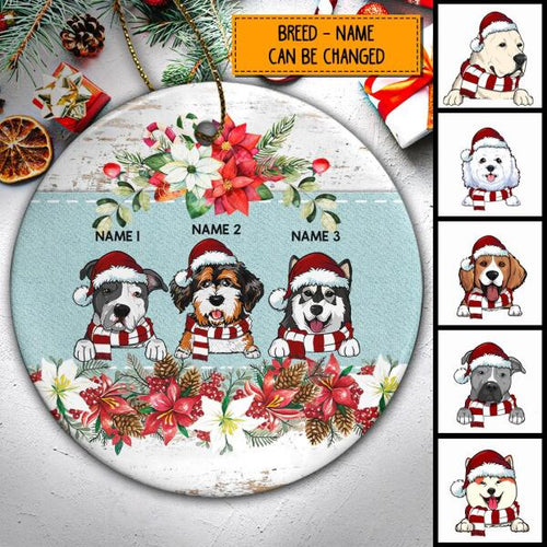 Xmas Dog On Mint Banner White Wooden Circle Ceramic Ornament - Personalized Dog Lovers Decorative Christmas Ornament