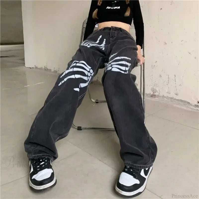 Y2K Black Jeans Print Street Pants