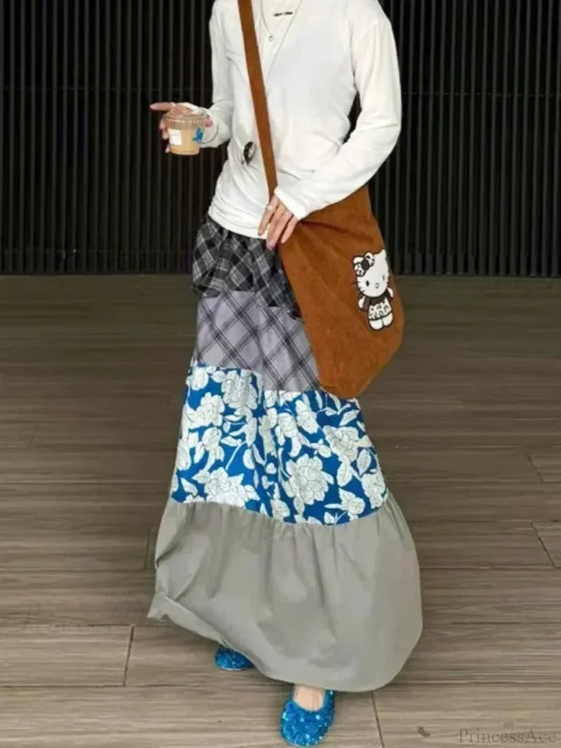 Y2K Blue Flower Patch Full Skirt Personalized Large Pocket Skirt skirt-250126