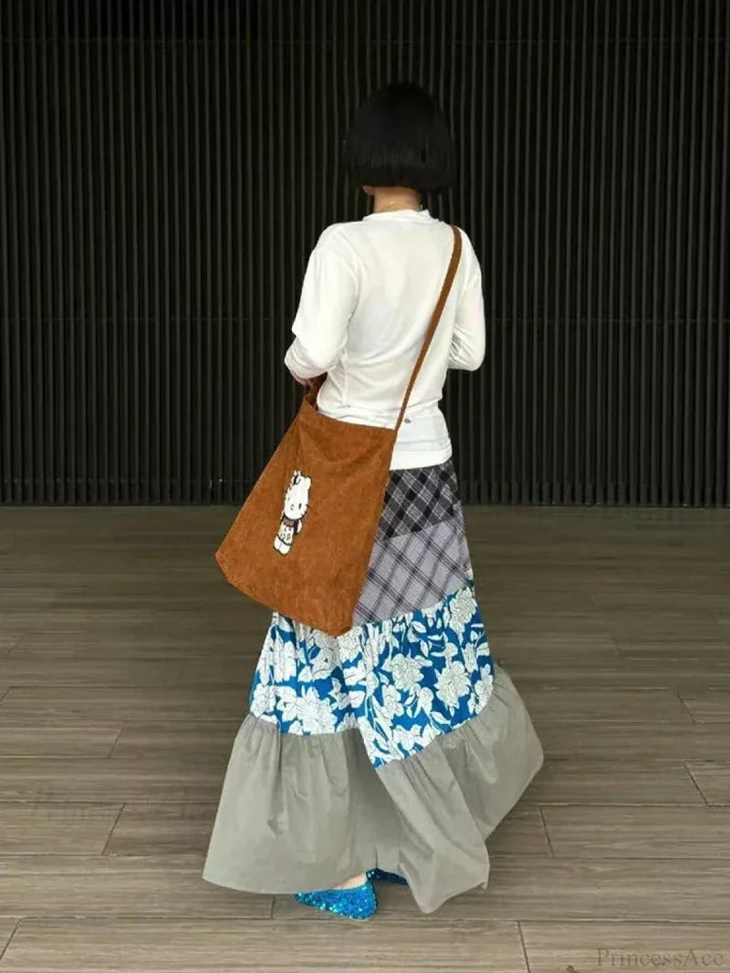 Y2K Blue Flower Patch Full Skirt Personalized Large Pocket Skirt skirt-250126