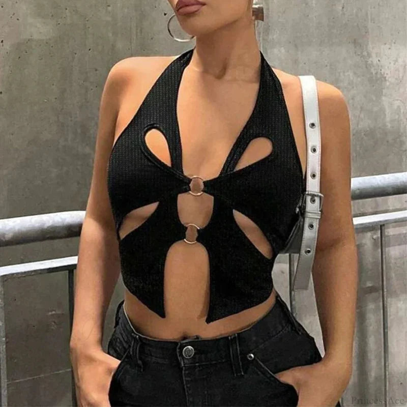 Y2K Circular Camisole Grunge Crop Top Black / S