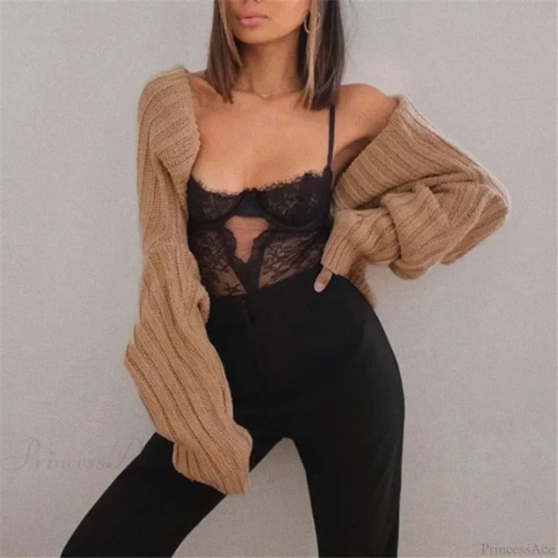 Y2K Drop Shoulder Crop Top Knit Cardigan Dark Khaki / One Size