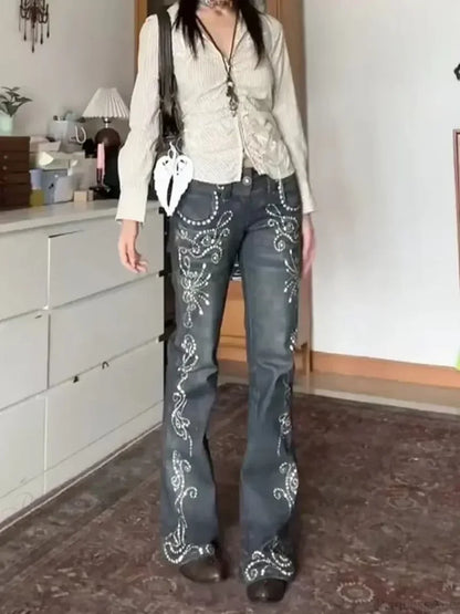 Y2K Embroidery Denim Wide Pants blue / S