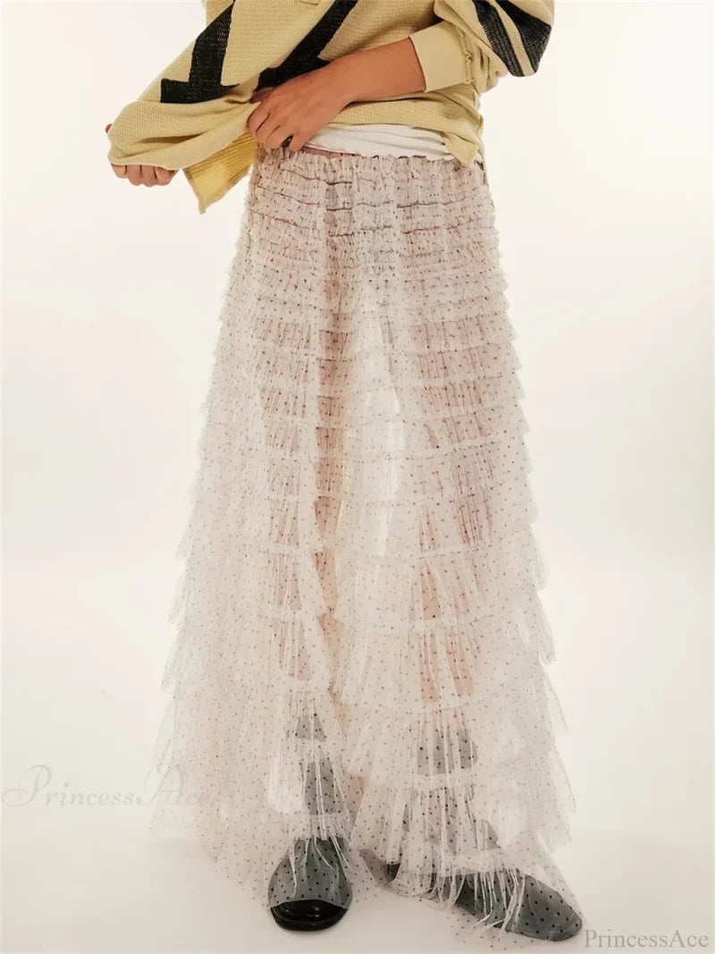 Y2K Fairycore Ruffle Maxi Slip Skirt Elastic Lace Tulle Tutu WHITE / S skirt-250126