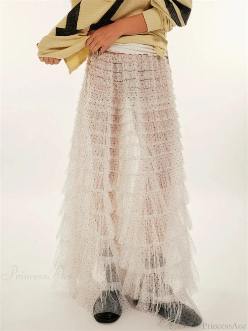 Y2K Fairycore Ruffle Maxi Slip Skirt Elastic Lace Tulle Tutu WHITE / S skirt-250126