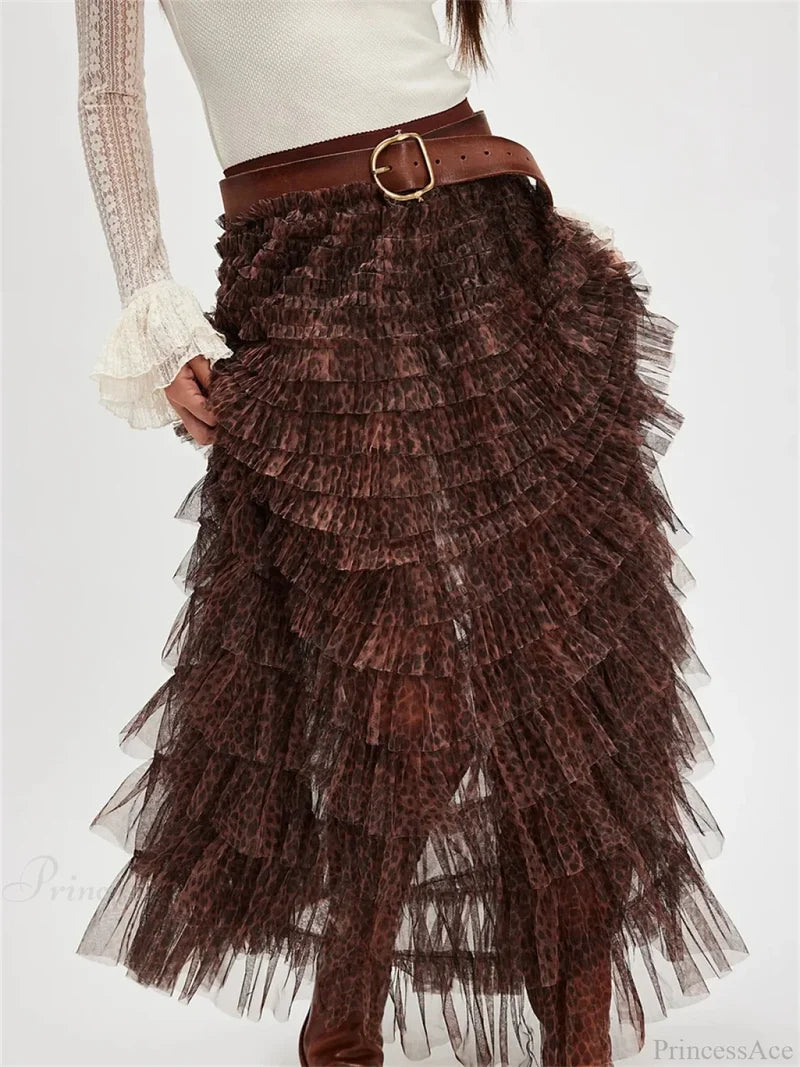 Y2K Fairycore Ruffle Maxi Slip Skirt Elastic Lace Tulle Tutu Dark Brown / S skirt-250126
