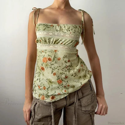 Y2K Floral Print Contrast Lace Patchwork Lace-up Coquette Grunge Crop Top croptop-250126