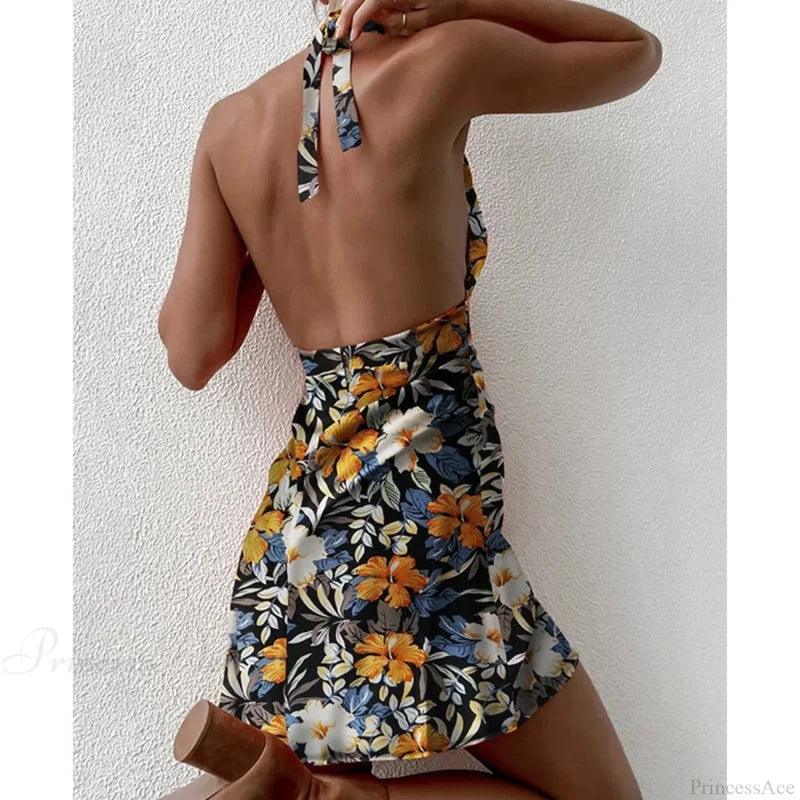 Y2K Floral Sleeveless Halter Neck Backless Floral Dress floraldress-250126