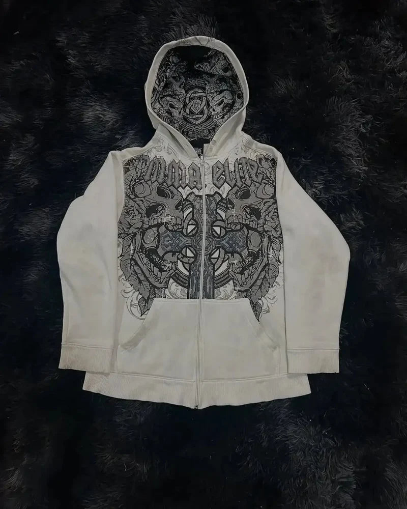 Y2K Gothic Skull Design Hoodie black7 / S